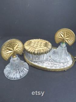 Vanity Powder Jar PLUS 2 Perfume Bottles, Cut Glass Set, Art Deco, Gold Lid and Stoppers, Vintage