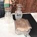Vanity Table Set of Etched Glass Bottles and Box with Engraved Sterling Silver Lids Vintage Beauty Decorative Display, Containers