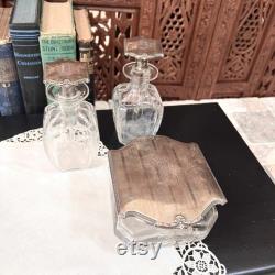 Vanity Table Set of Etched Glass Bottles and Box with Engraved Sterling Silver Lids Vintage Beauty Decorative Display, Containers