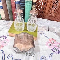 Vanity Table Set of Etched Glass Bottles and Box with Engraved Sterling Silver Lids Vintage Beauty Decorative Display, Containers