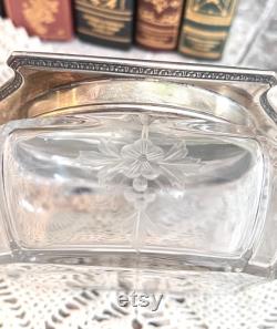 Vanity Table Set of Etched Glass Bottles and Box with Engraved Sterling Silver Lids Vintage Beauty Decorative Display, Containers