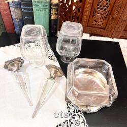 Vanity Table Set of Etched Glass Bottles and Box with Engraved Sterling Silver Lids Vintage Beauty Decorative Display, Containers