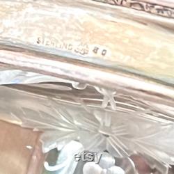 Vanity Table Set of Etched Glass Bottles and Box with Engraved Sterling Silver Lids Vintage Beauty Decorative Display, Containers