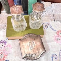 Vanity Table Set of Etched Glass Bottles and Box with Engraved Sterling Silver Lids Vintage Beauty Decorative Display, Containers