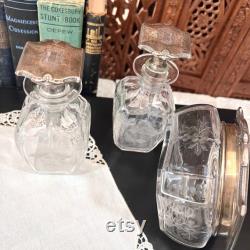 Vanity Table Set of Etched Glass Bottles and Box with Engraved Sterling Silver Lids Vintage Beauty Decorative Display, Containers