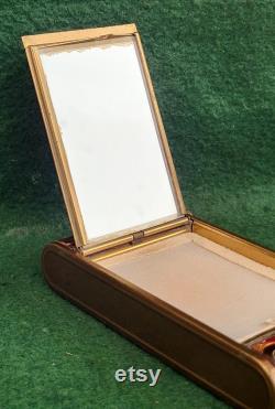 Very Pretty Vintage Camera Type All In One Powder Compact With Lipstick Holder And Cigarette Compartment Patterned Leather Finish.