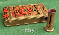 Very Pretty Vintage Camera Type All In One Powder Compact With Lipstick Holder And Cigarette Compartment Patterned Leather Finish.