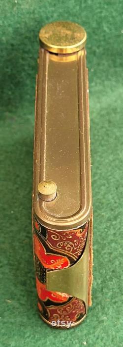Very Pretty Vintage Camera Type All In One Powder Compact With Lipstick Holder And Cigarette Compartment Patterned Leather Finish.