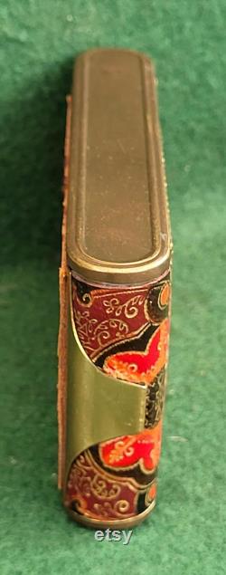 Very Pretty Vintage Camera Type All In One Powder Compact With Lipstick Holder And Cigarette Compartment Patterned Leather Finish.