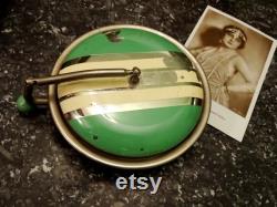 Very Rare Art Deco Atomic Powder Bowl Compact 1930s 1920s Flying Saucer Articulated Mirror Green and Cream Enamel Iconic Geometric Moderne