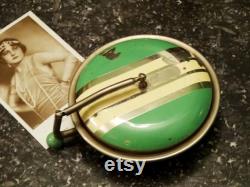 Very Rare Art Deco Atomic Powder Bowl Compact 1930s 1920s Flying Saucer Articulated Mirror Green and Cream Enamel Iconic Geometric Moderne