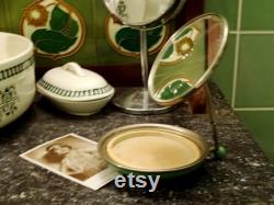 Very Rare Art Deco Atomic Powder Bowl Compact 1930s 1920s Flying Saucer Articulated Mirror Green and Cream Enamel Iconic Geometric Moderne