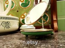 Very Rare Art Deco Atomic Powder Bowl Compact 1930s 1920s Flying Saucer Articulated Mirror Green and Cream Enamel Iconic Geometric Moderne