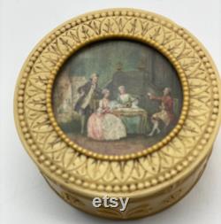 Victorian Bakelite plastic powder box with lords and ladies picture inlay. A very rare item in incredibly good condition.