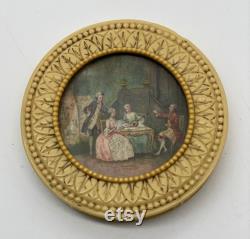 Victorian Bakelite plastic powder box with lords and ladies picture inlay. A very rare item in incredibly good condition.