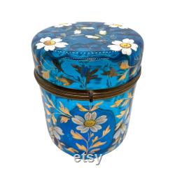 Victorian Blue Glass Hand Painted Daisy Gold Powder Box Dresser Vanity Jar.
