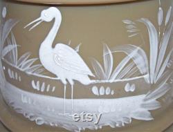 Victorian Bristol Glass Dresser Jar Taupe Color Heron Stork Crane Bird Scene