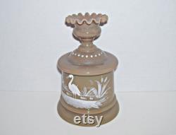 Victorian Bristol Glass Dresser Jar Taupe Color Heron Stork Crane Bird Scene