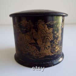 Victorian French Papier Mache Powder Box With Puff Japanese Decoration Antique Round Lidded Box