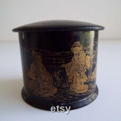 Victorian French Papier Mache Powder Box With Puff Japanese Decoration Antique Round Lidded Box
