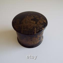 Victorian French Papier Mache Powder Box With Puff Japanese Decoration Antique Round Lidded Box