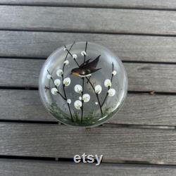 Victorian Handpainted Bird and Pussywillows Hinged Glass Powder Jar