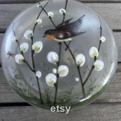 Victorian Handpainted Bird and Pussywillows Hinged Glass Powder Jar