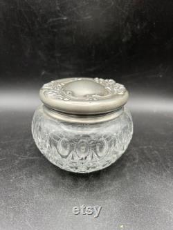 Victorian Heisey Glass Powder Jar with Ornate Silver Plate Lid