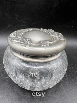 Victorian Heisey Glass Powder Jar with Ornate Silver Plate Lid