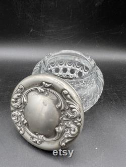 Victorian Heisey Glass Powder Jar with Ornate Silver Plate Lid