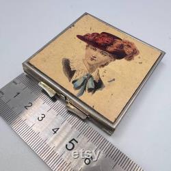 Victorian Lady Vintage Vanity Compact Face Puff Powder Box Mirror Silver Plated Enamel