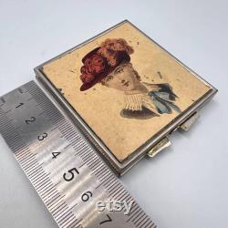 Victorian Lady Vintage Vanity Compact Face Puff Powder Box Mirror Silver Plated Enamel
