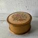 Victorian Musical powder box. Needlepoint. Jewelry box. Enamel. Made in Great Britain. Antique cosmetic beauty item. Trinket stash. Footed.