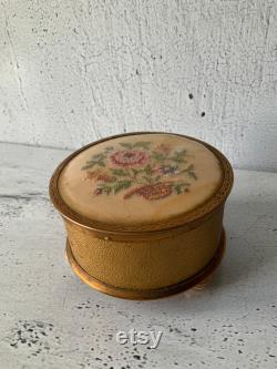 Victorian Musical powder box. Needlepoint. Jewelry box. Enamel. Made in Great Britain. Antique cosmetic beauty item. Trinket stash. Footed.