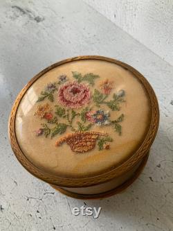 Victorian Musical powder box. Needlepoint. Jewelry box. Enamel. Made in Great Britain. Antique cosmetic beauty item. Trinket stash. Footed.