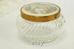 Victorian Powder Jar Swirled Glass Vanity Jar Ribbed Glass Powder Box Victorian Couple Gold Colored Lid Decorative Parlor Jar Early 1900's