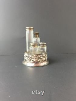 Victorian vanity set, sterling apothecary jar, Victorian powder jar, crystal jar, collectibles, vanity set, tall jars, silver tray,