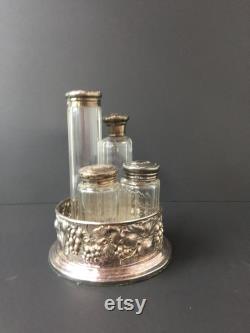 Victorian vanity set, sterling apothecary jar, Victorian powder jar, crystal jar, collectibles, vanity set, tall jars, silver tray,