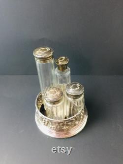 Victorian vanity set, sterling apothecary jar, Victorian powder jar, crystal jar, collectibles, vanity set, tall jars, silver tray,