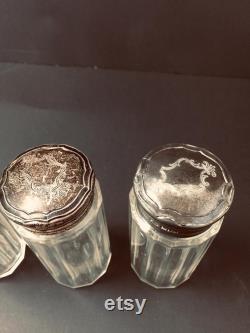 Victorian vanity set, sterling apothecary jar, Victorian powder jar, crystal jar, collectibles, vanity set, tall jars, silver tray,