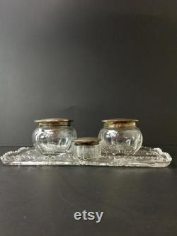 Victorian vanity set, sterling apothecary jar, sterling hair receiver,Victorian powder jar ,crystal jar, silver collectibles, crystal tray,