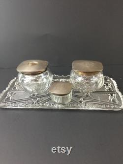 Victorian vanity set, sterling apothecary jar, sterling hair receiver,Victorian powder jar ,crystal jar, silver collectibles, crystal tray,