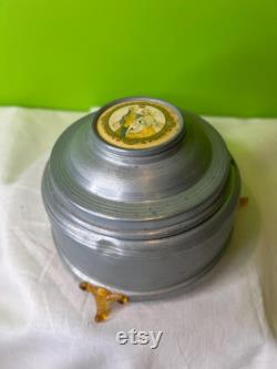 Vintage 1930-1950s Aluminum Musical Box and Powder Puff Case Combined Grey Victorian Couple Music Box Works