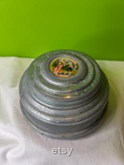 Vintage 1930-1950s Aluminum Musical Box and Powder Puff Case Combined Grey Victorian Couple Music Box Works