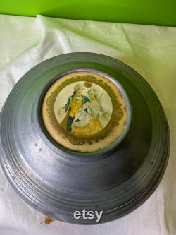 Vintage 1930-1950s Aluminum Musical Box and Powder Puff Case Combined Grey Victorian Couple Music Box Works