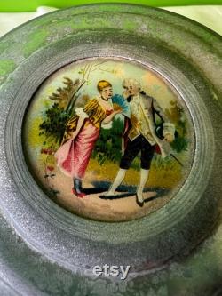 Vintage 1930-1950s Aluminum Musical Box and Powder Puff Case Combined Grey Victorian Couple Music Box Works