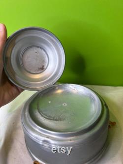 Vintage 1930-1950s Aluminum Musical Box and Powder Puff Case Combined Grey Victorian Couple Music Box Works