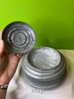 Vintage 1930-1950s Aluminum Musical Box and Powder Puff Case Combined Grey Victorian Couple Music Box Works