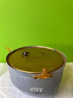 Vintage 1930-1950s Aluminum Musical Box and Powder Puff Case Combined Grey Victorian Couple Music Box Works