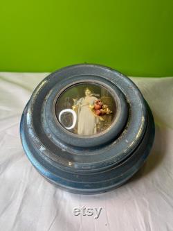 Vintage 1930-1950s Aluminum Musical Powder Puff Case in Blue Victorian Lady and Dried Flowers